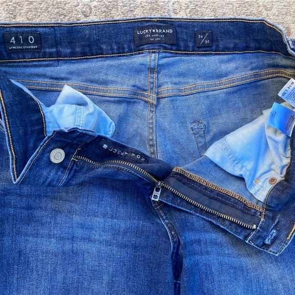 Men's Lucky Brand Jeans Blue 410 Straight Denim 34x30 Zip Logo Whiskers Gorpcore - Picture 4 of 12